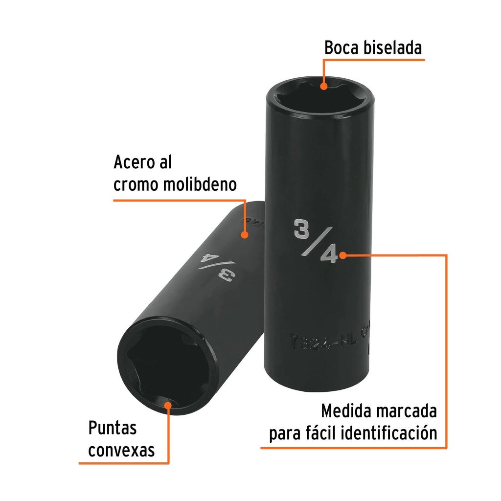 Dado largo impacto de 3/4', 6 puntas, cuadro 1/2', Truper