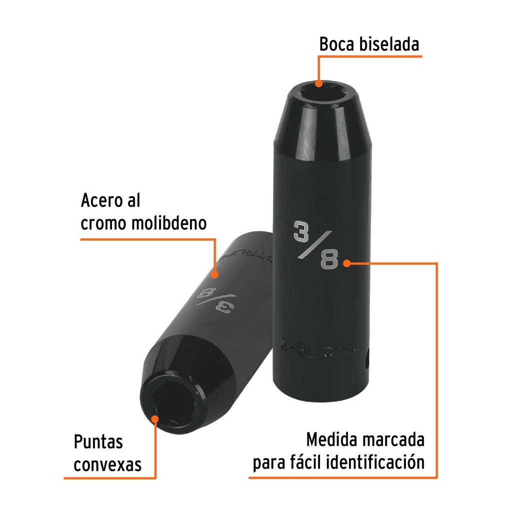 Dado largo impacto de 3/8', 6 puntas, cuadro 1/2', Truper