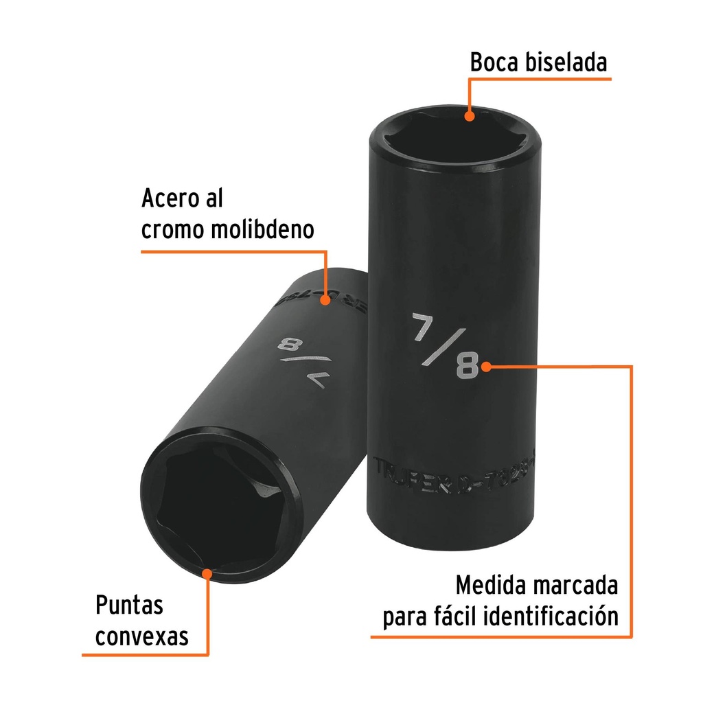 Dado largo impacto de 7/8', 6 puntas, cuadro 1/2', Truper