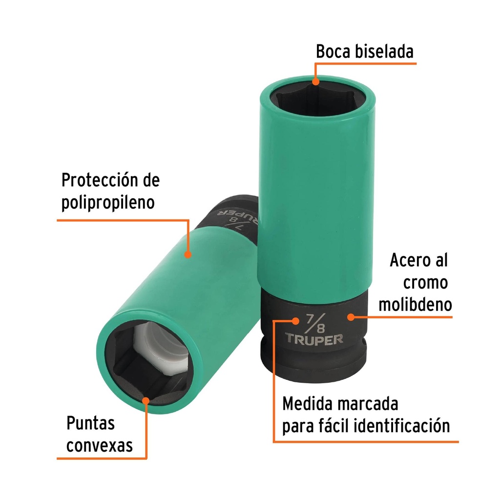 Dado largo impacto prot. plást. 7/8', 6 puntas, cuadro 1/2'