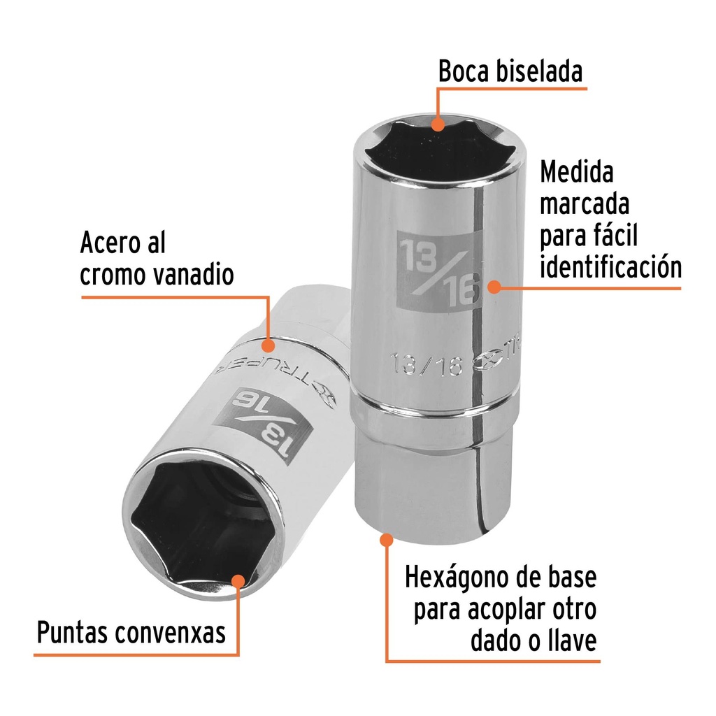 Dado largo para bujía de 13/16', 6 puntas, cuadro 1/2'