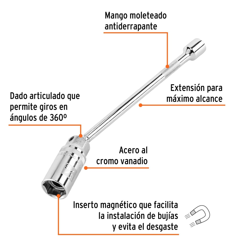 Dado p/bujías cuadro 3/8' articulado 13/16', extensión 10'