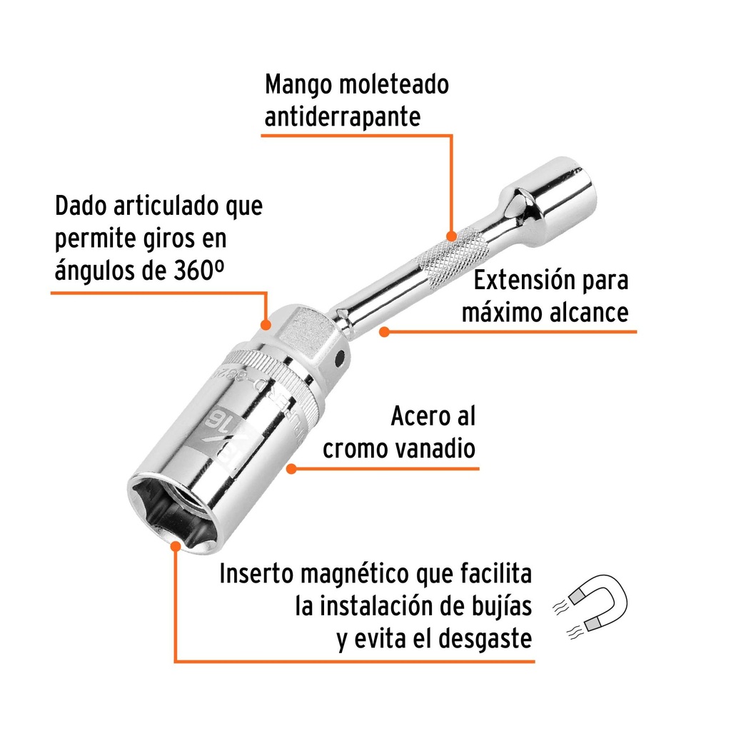 Dado p/bujías cuadro 3/8' articulado 13/16', extensión 6'