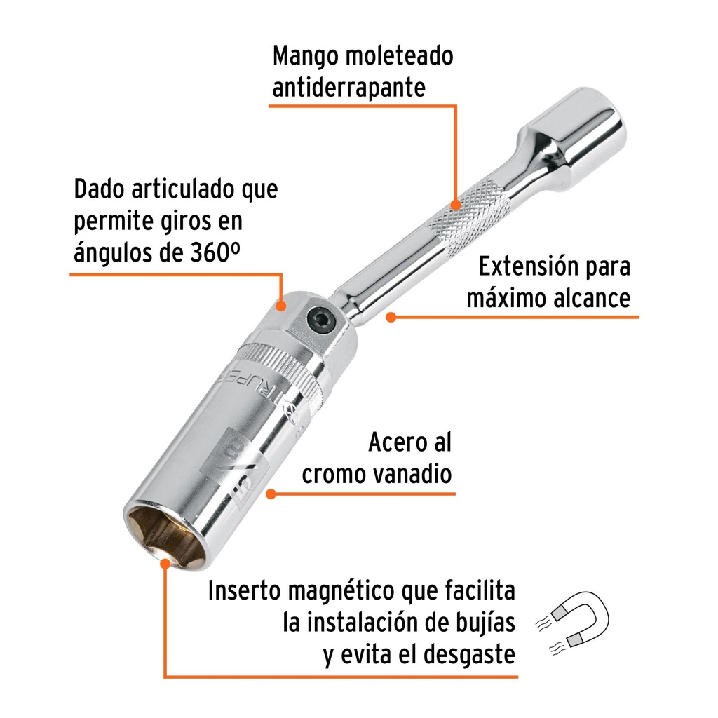 Dado p/bujías cuadro 3/8' articulado 5/8', extensión 6'