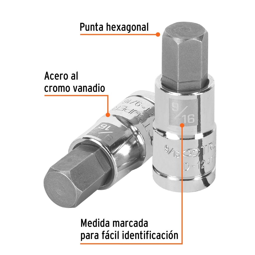 Dado punta hexagonal de 9/16', cuadro 1/2', Truper