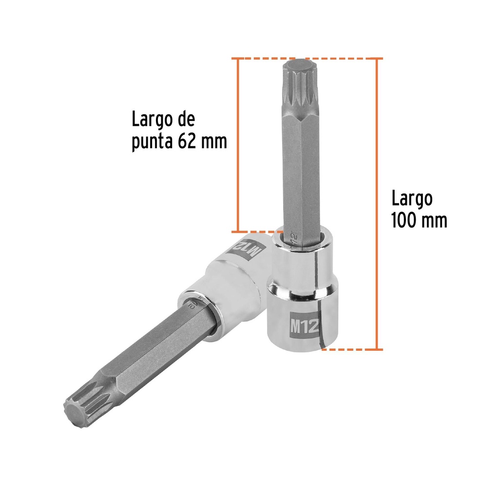 Dado punta larga bristol M12, cuadro 1/2', Truper