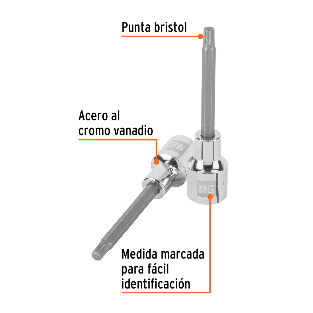 Dado punta larga bristol M6, cuadro 1/2', Truper