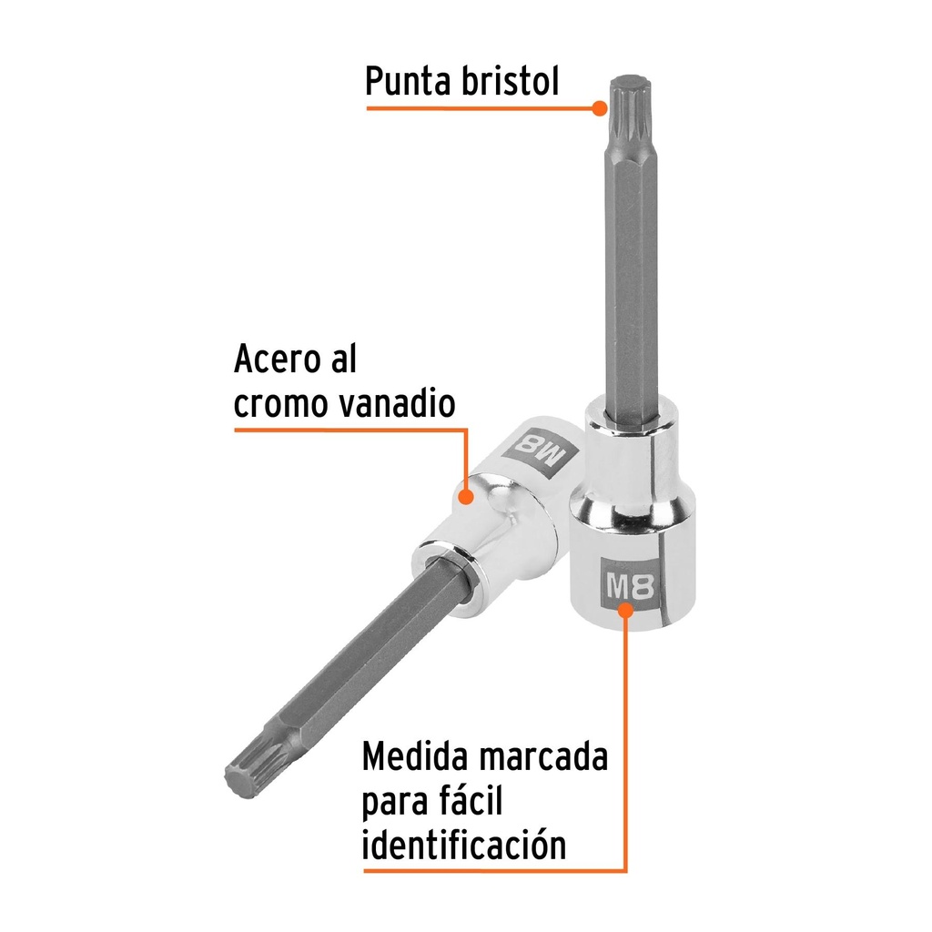 Dado punta larga bristol M8, cuadro 1/2', Truper