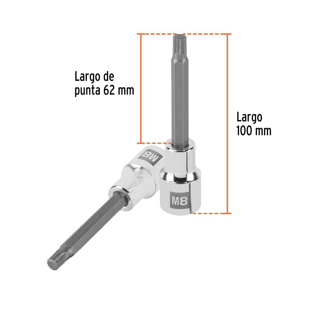 Dado punta larga bristol M8, cuadro 1/2', Truper