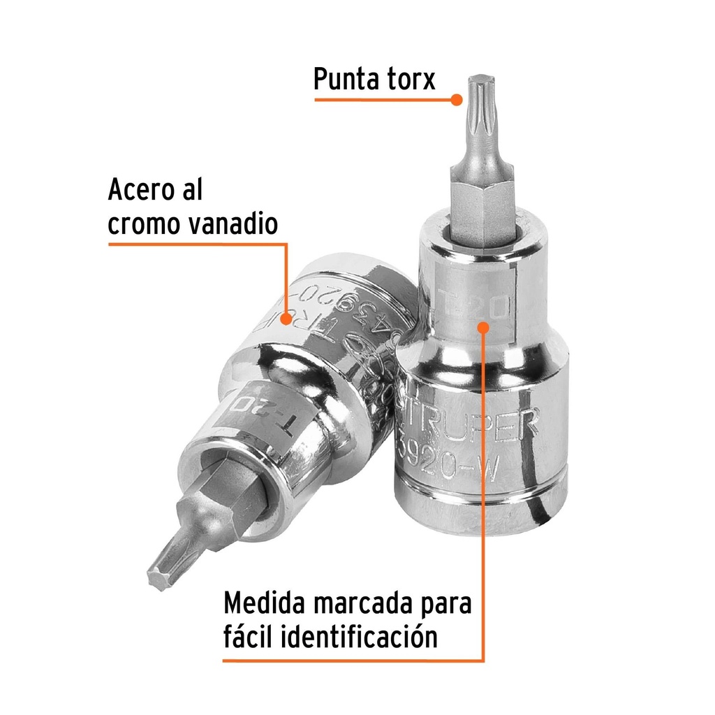 Dado punta torx T-20, cuadro 1/2', Truper