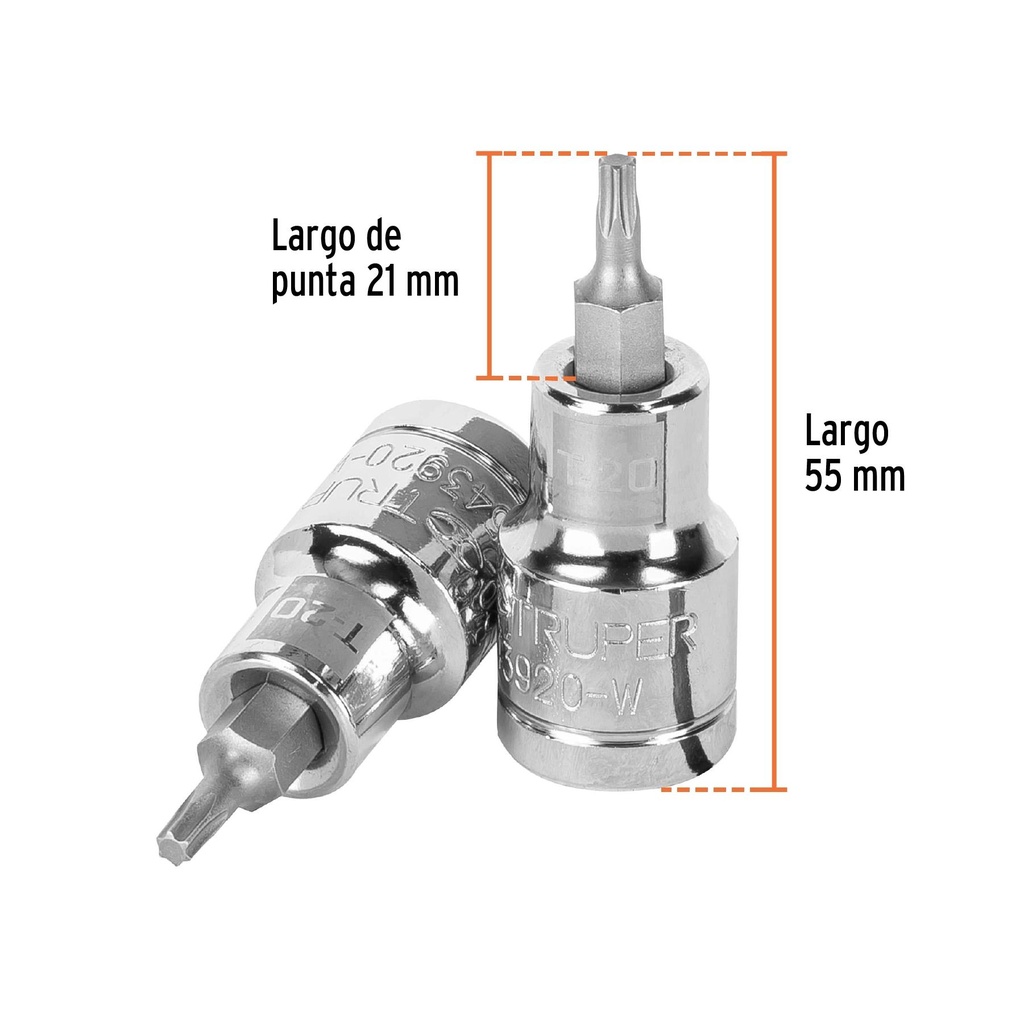 Dado punta torx T-20, cuadro 1/2', Truper