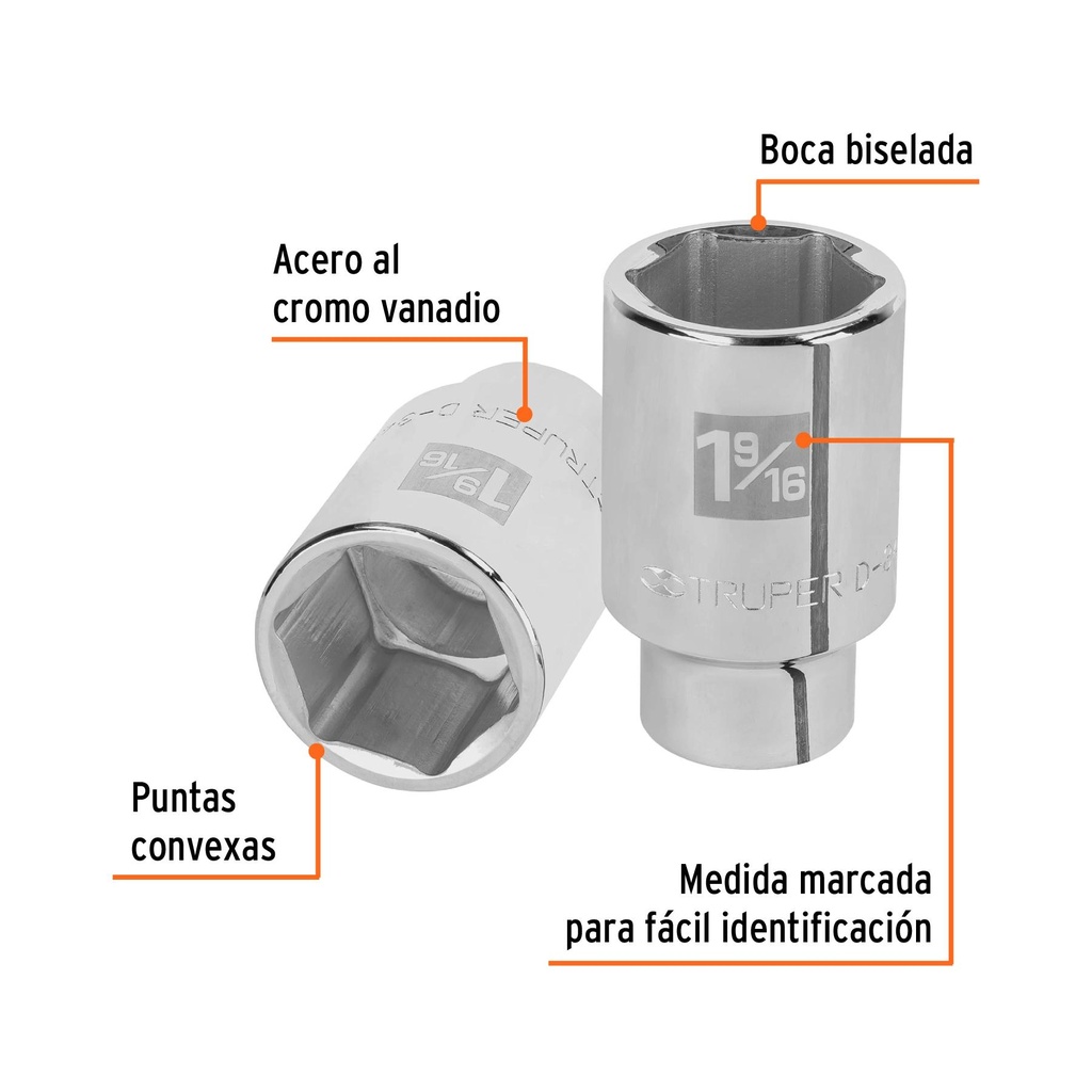 Dado largo de 1-9/16', 6 puntas, cuadro 3/4', Truper