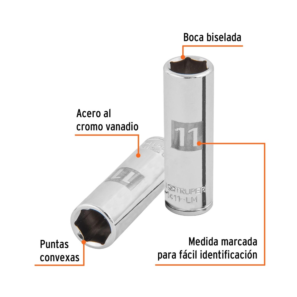 Dado largo de 11 mm, 6 puntas, cuadro 1/4', Truper