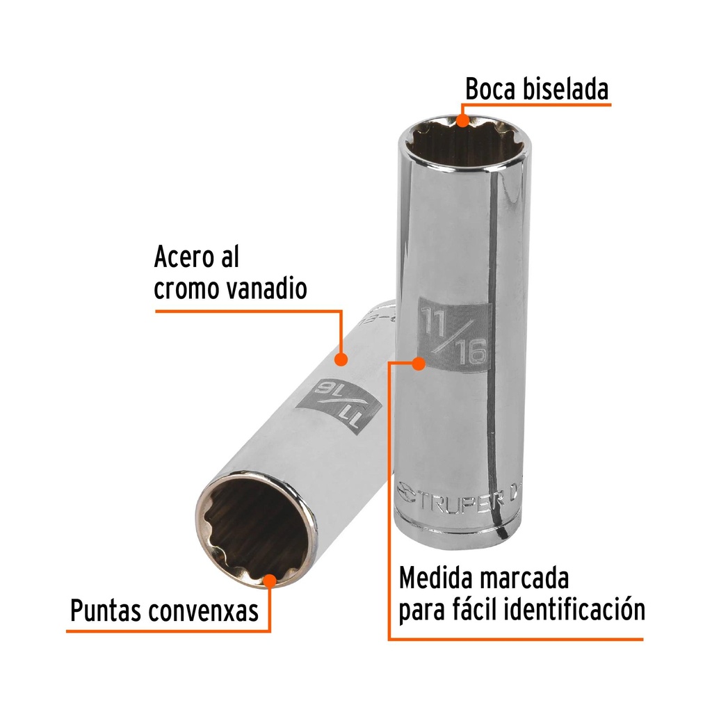 Dado largo de 11/16', 12 puntas, cuadro 1/2', Truper