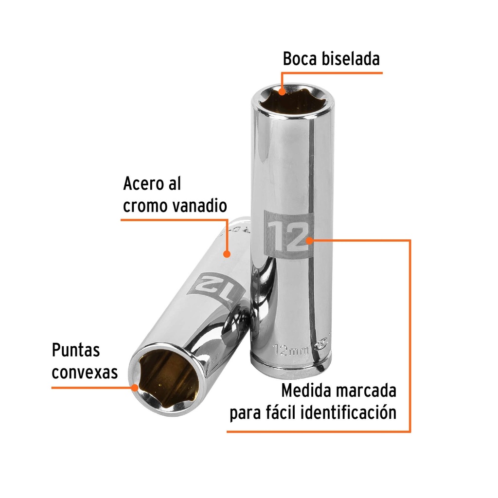 Dado largo de 12 mm, 6 puntas, cuadro 3/8', Truper