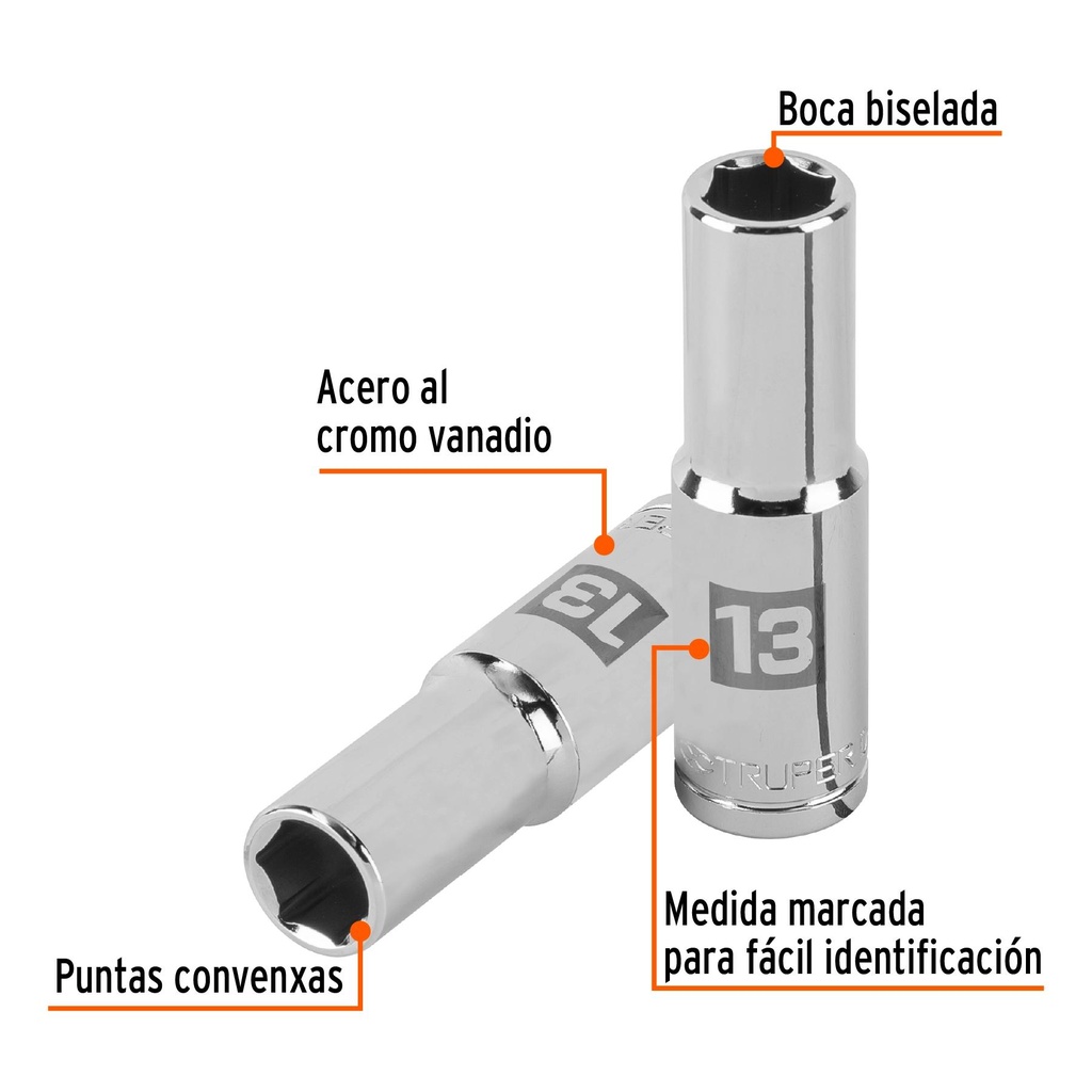 Dado largo de 13 mm, 6 puntas, cuadro 1/2', Truper