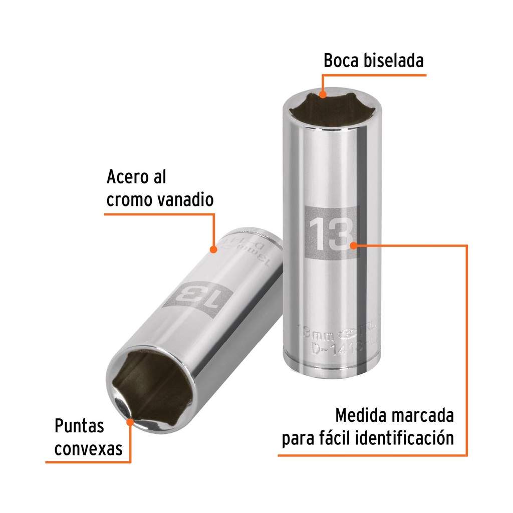 Dado largo de 13 mm, 6 puntas, cuadro 1/4', Truper