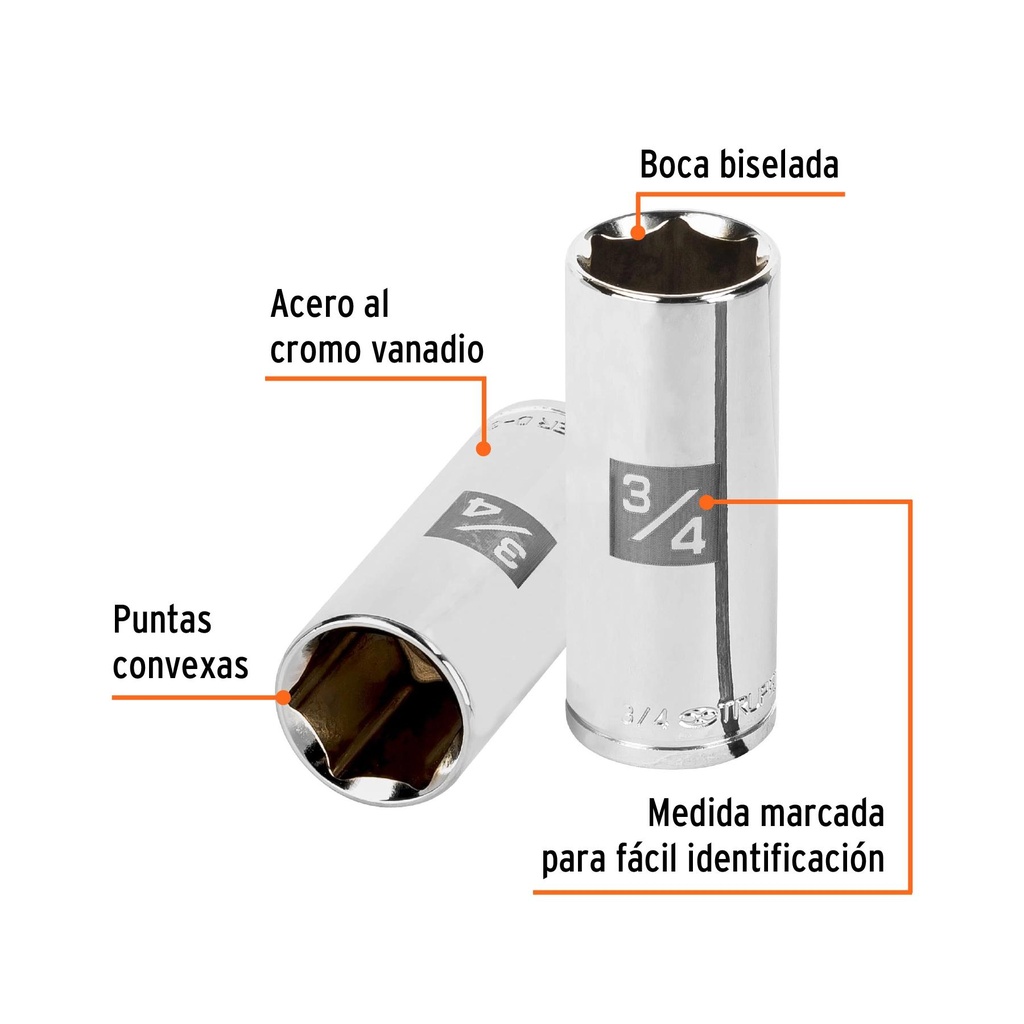 Dado largo de 3/4', 6 puntas, cuadro 3/8', Truper