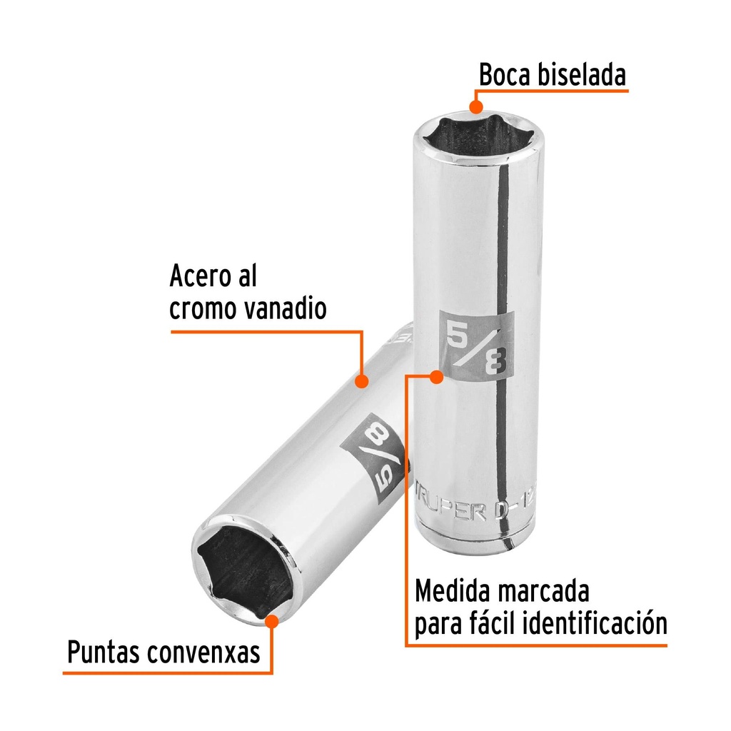 Dado largo de 5/8', 6 puntas, cuadro 1/2', Truper