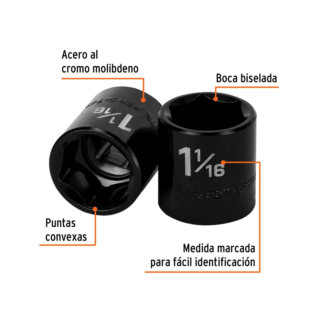 Dado de impacto de 1-1/16', 6 puntas, cuadro 1/2', Truper