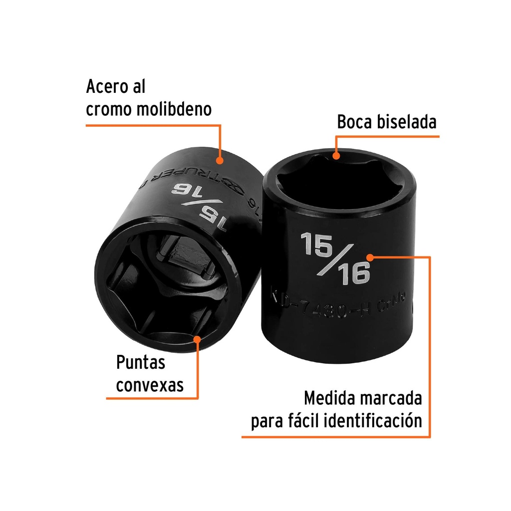 Dado de impacto de 15/16', 6 puntas, cuadro 1/2', Truper