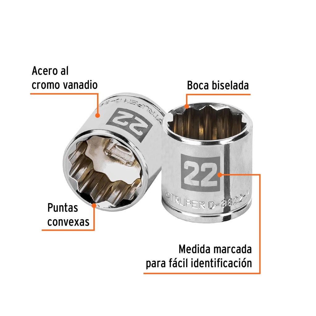 Dado de 22 mm, 12 puntas, cuadro 3/8', Truper