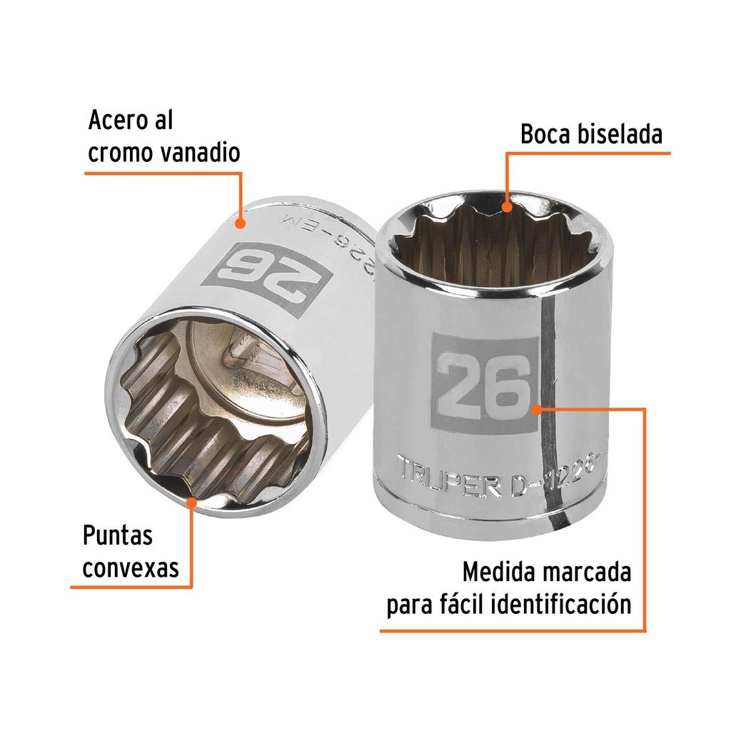 Dado de 26 mm, 12 puntas, cuadro 1/2', Truper