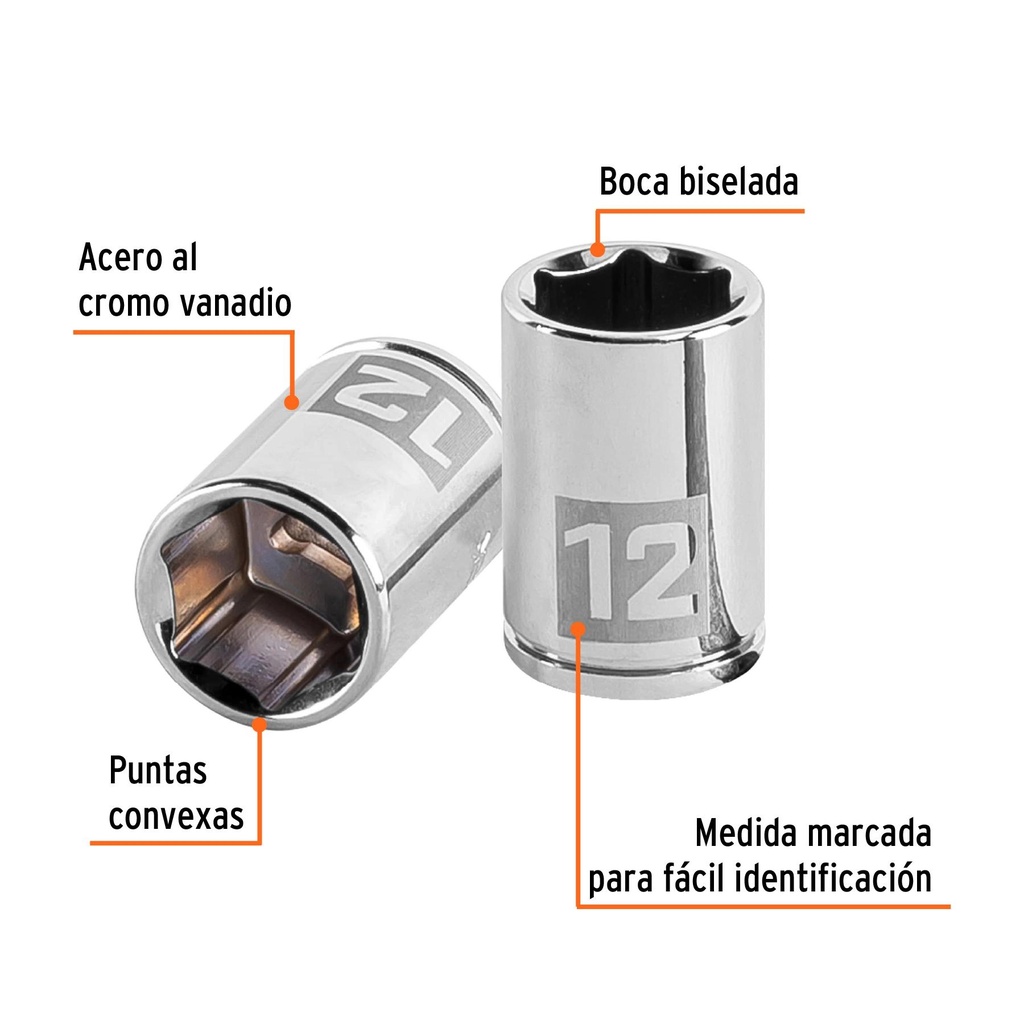 Dado de 12 mm, 6 puntas, cuadro 1/4', Truper