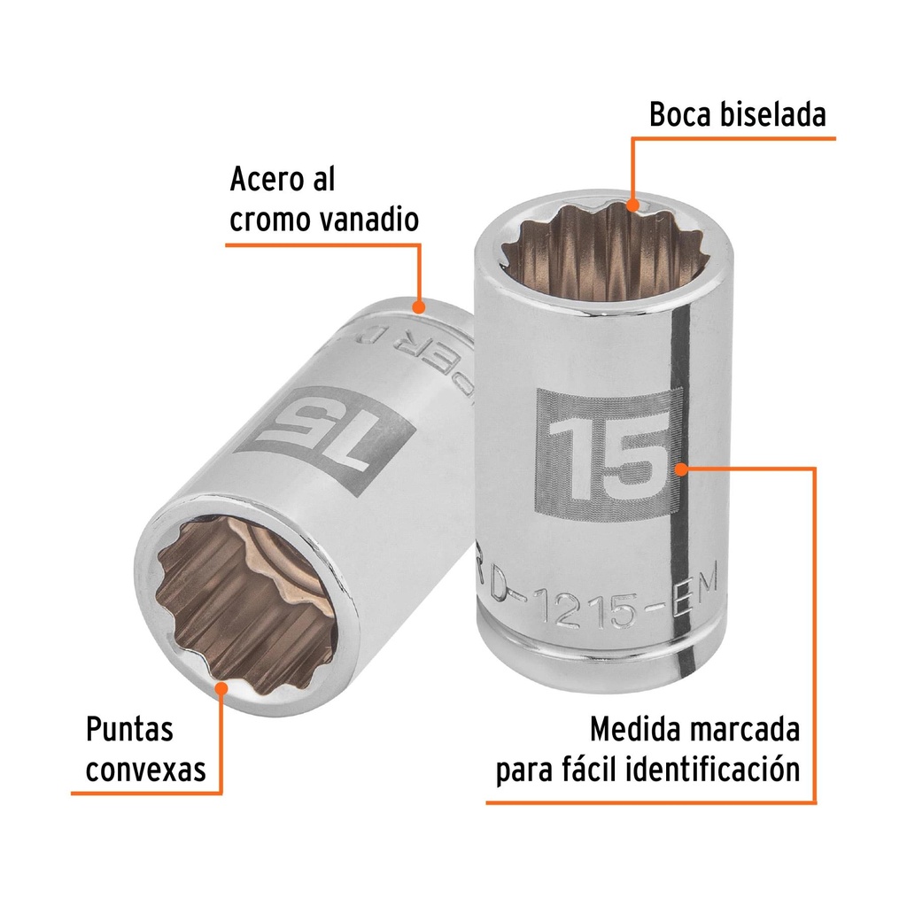 Dado de 15 mm, 12 puntas, cuadro 1/2', Truper