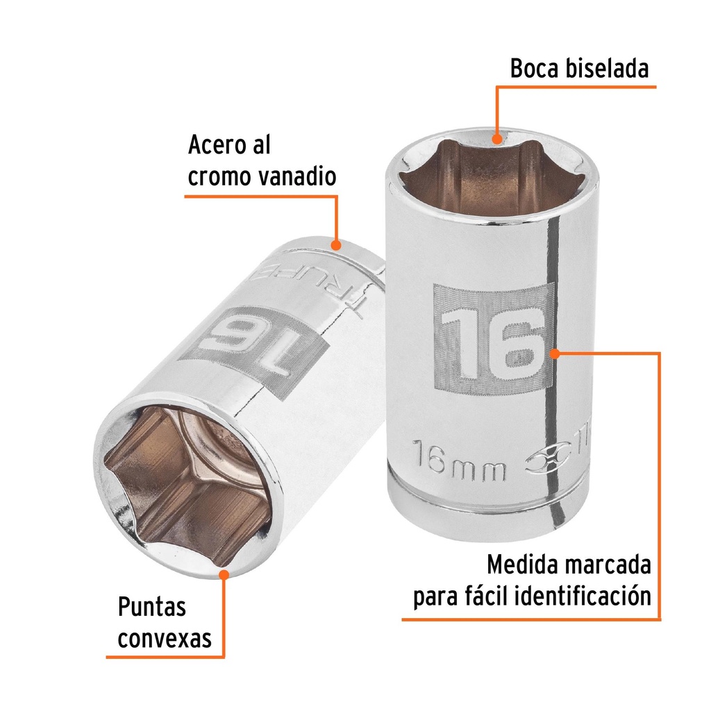 Dado de 16 mm, 6 puntas, cuadro 1/2', Truper