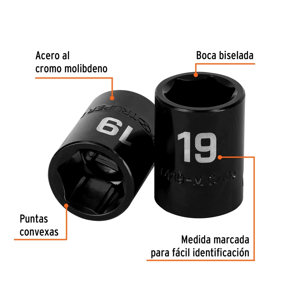 Dado cuadro 1/2' de impacto 6 puntas de 19 mm, Truper