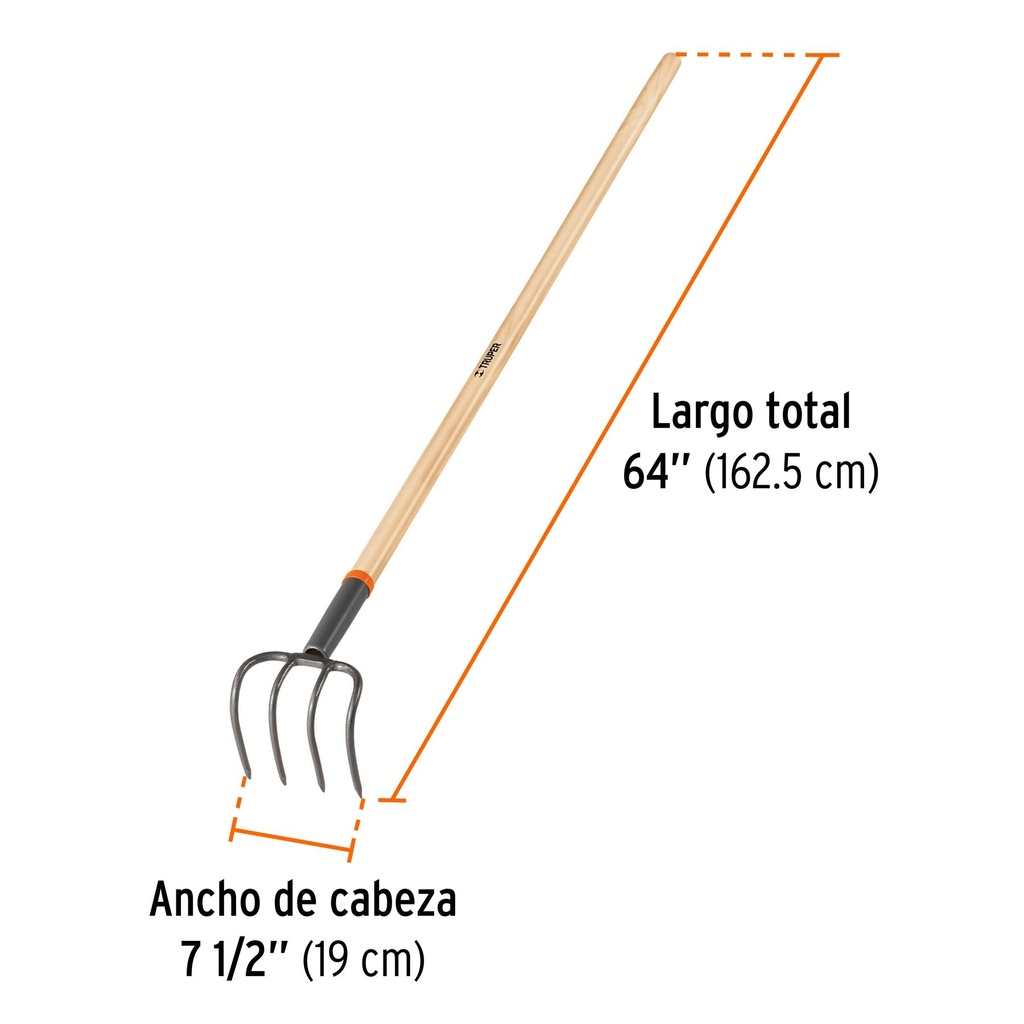 Cultivador forjado de 4 dientes para jardín, mango de 54'