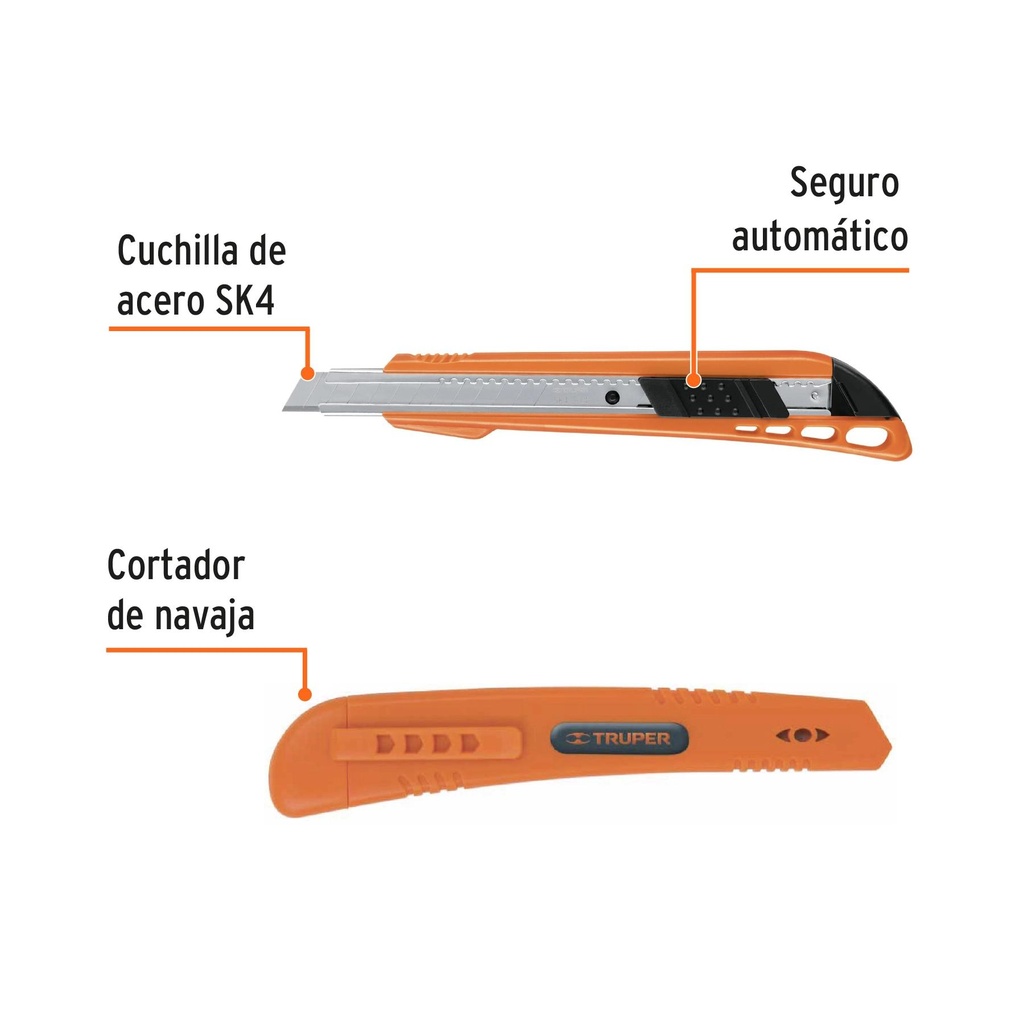 Cutter 9 mm reforzado de plástico con alma metálica, Truper