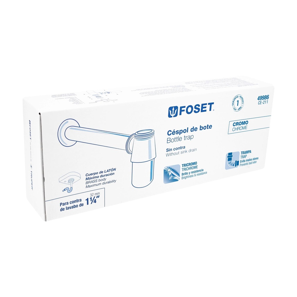 Céspol de bote para lavabo sin contra, cromo, 1-1/4', Foset