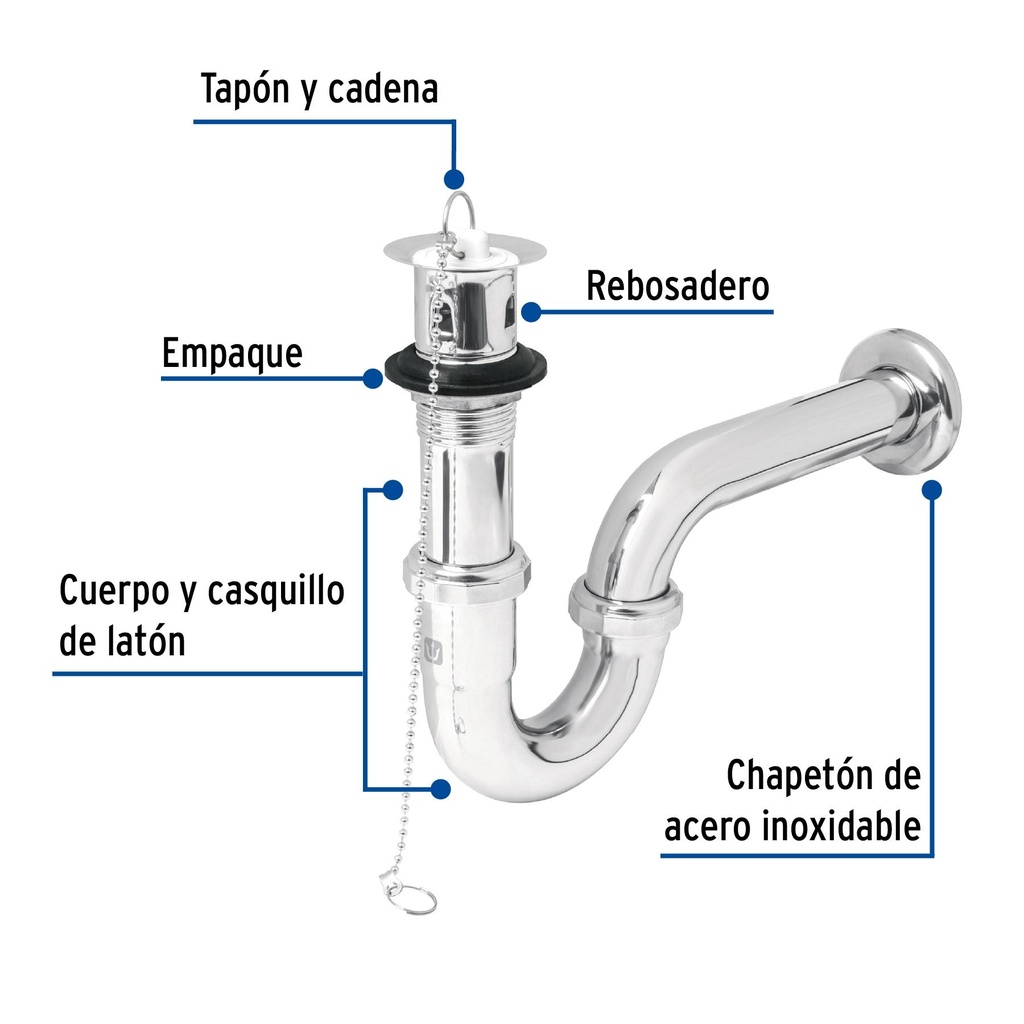 Céspol p/lavabo latón c/contra, tapón y cadena, cromo,1-1/4'