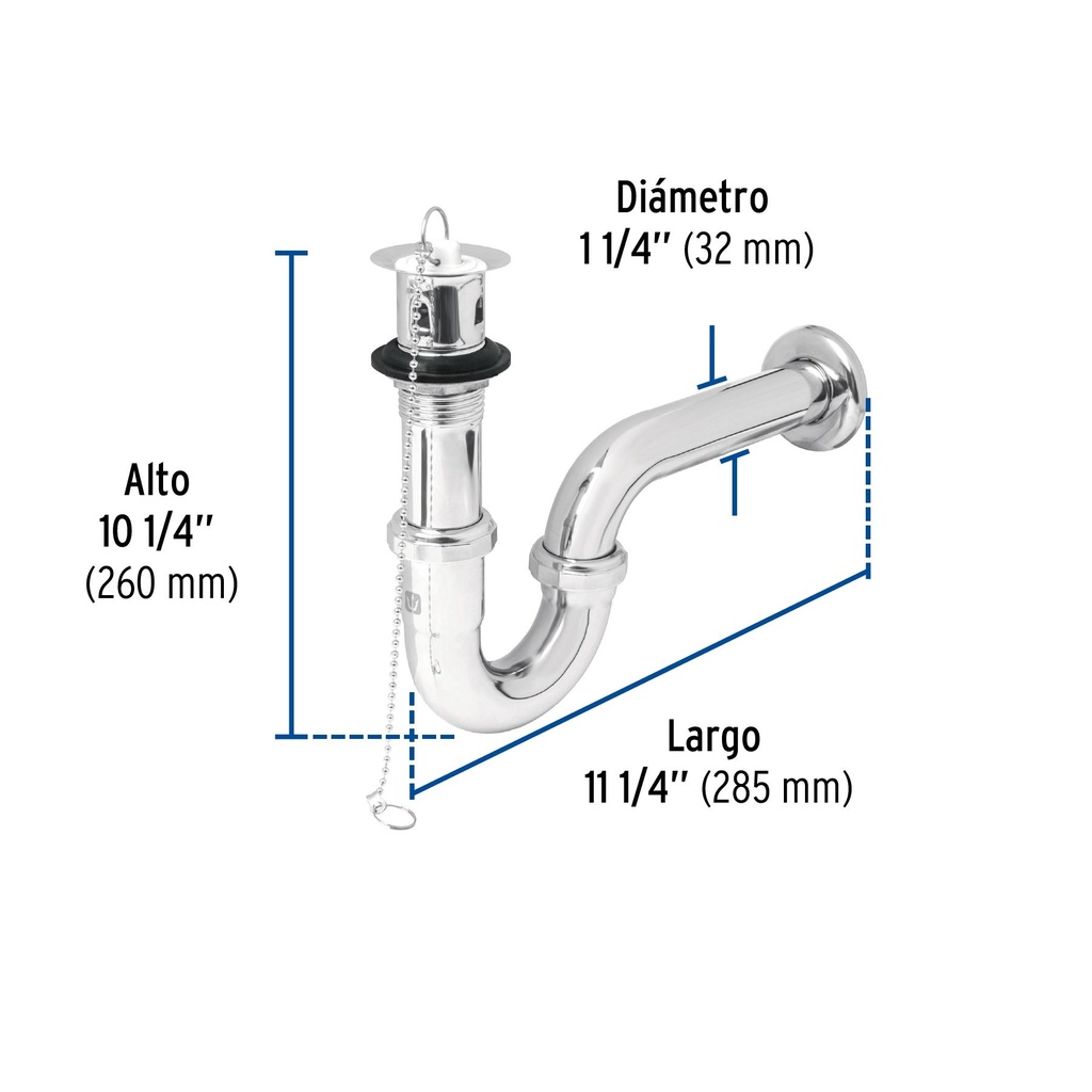 Céspol p/lavabo latón c/contra, tapón y cadena, cromo,1-1/4'