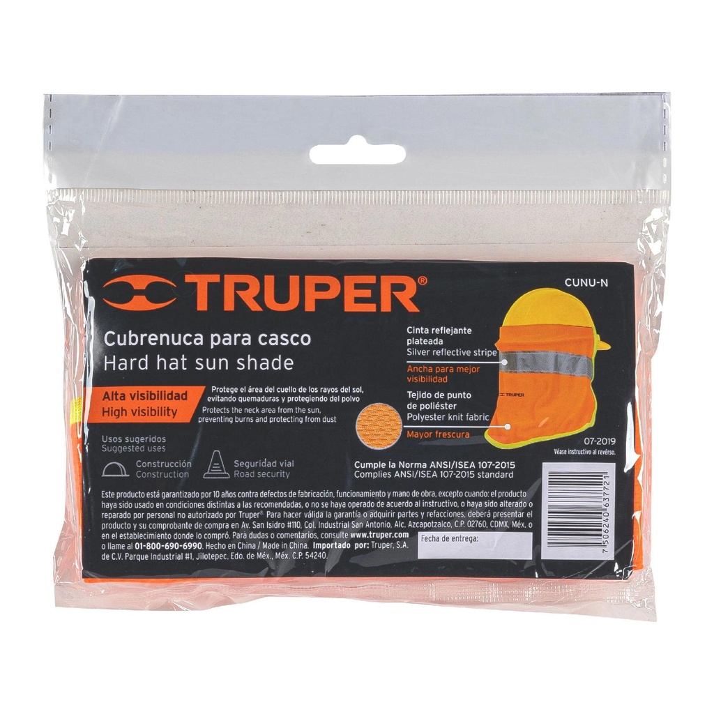 Cubrenuca para casco, naranja con reflejante, Truper