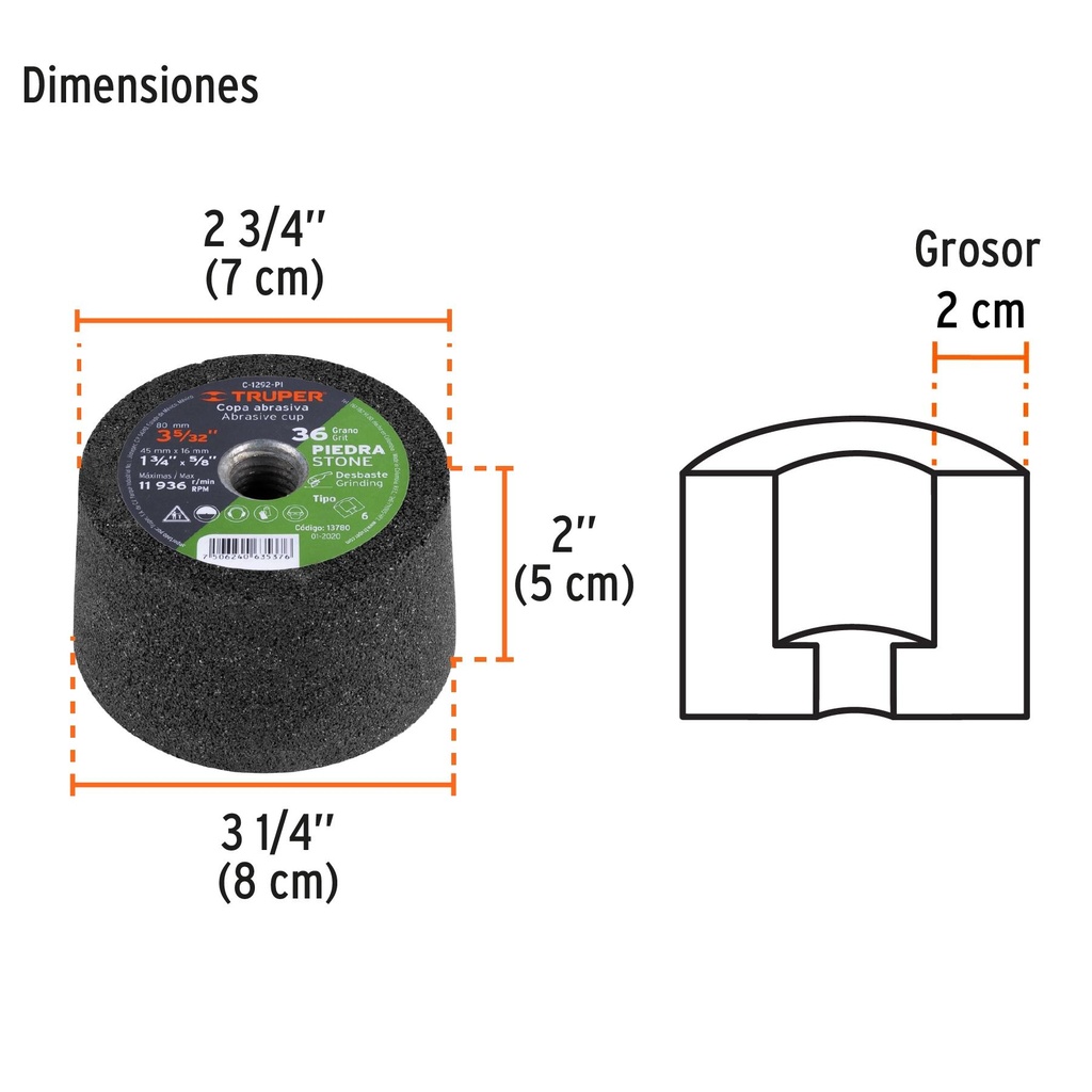 Copa desbaste de piedra 3-5/32' grano 36, eje 5/8-11, Truper