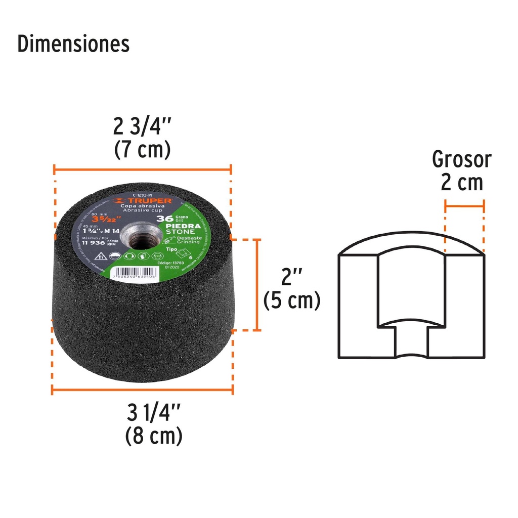 Copa desbaste de piedra 3-5/32' grano 36, eje M14, Truper