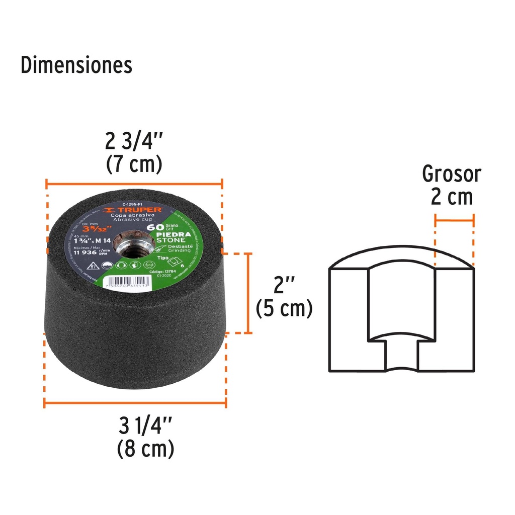 Copa desbaste de piedra 3-5/32' grano 60, eje M14, Truper