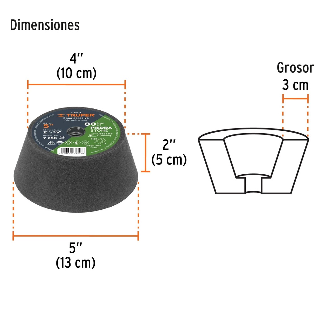 Copa desbaste de piedra 5' grano 80, eje 5/8-11, Truper