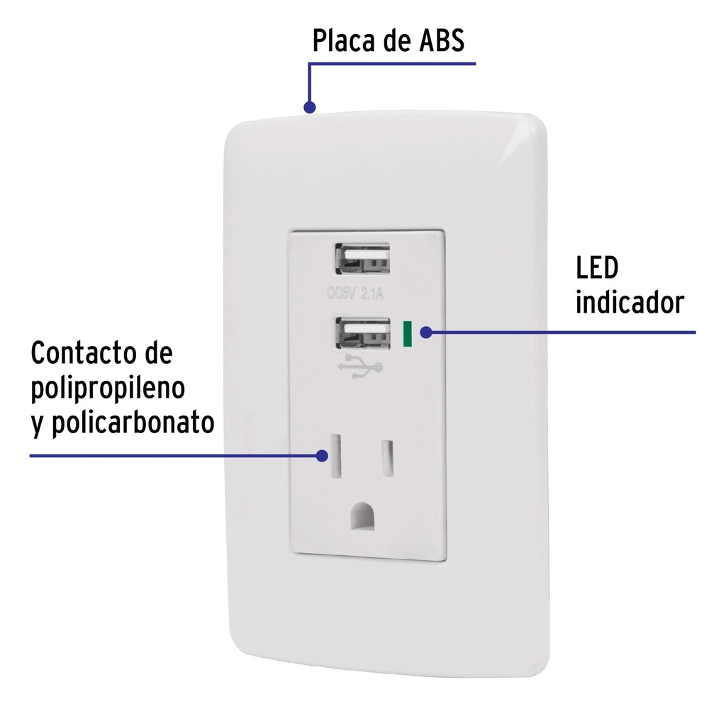 Contacto aterrizado + 2 puertos USB, blanco, línea Italiana