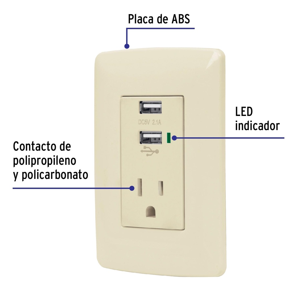 Contacto aterrizado + 2 puertos USB, marfil, línea Italiana