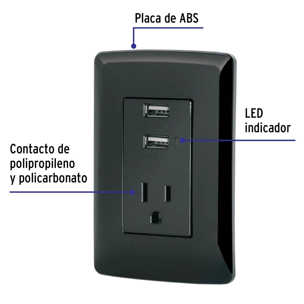 Contacto aterrizado + 2 puertos USB, negro, línea Italiana