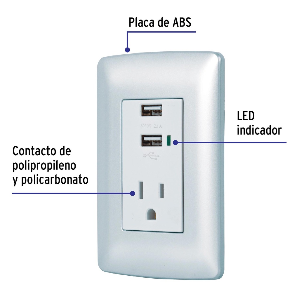 Contacto aterrizado + 2 puertos USB, plata, línea Italiana