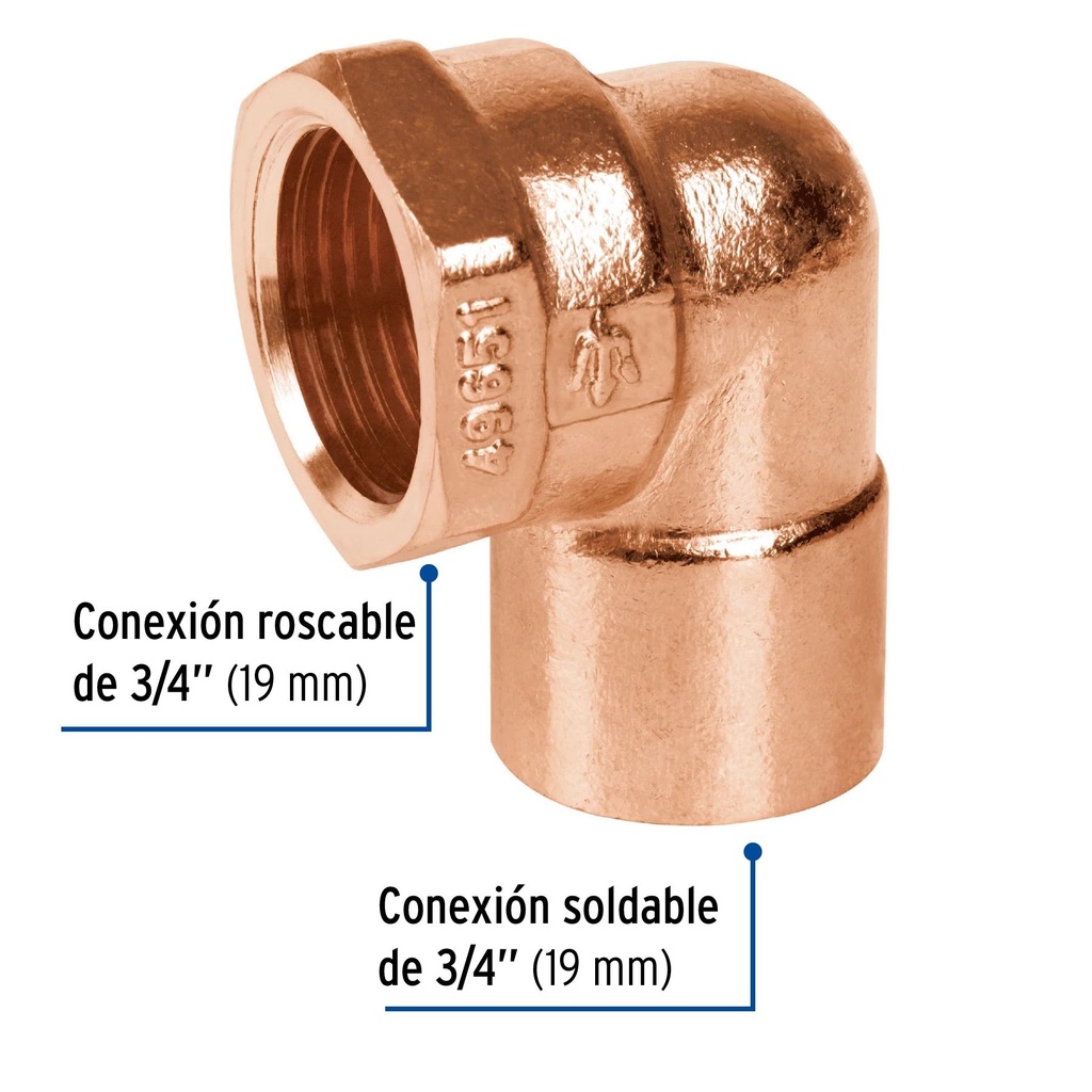 Codo 90° de cobre, rosca interior 3/4', Foset