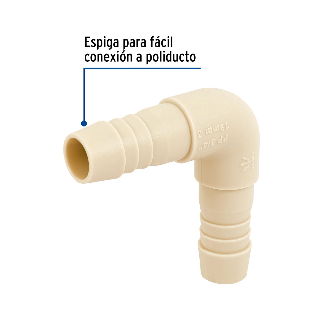 Codo 90° inserción de 3/4' de polipropileno, Foset