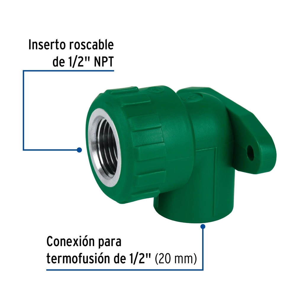 Codo oreja 90° PPR de 1/2' hembra con inserto metálico