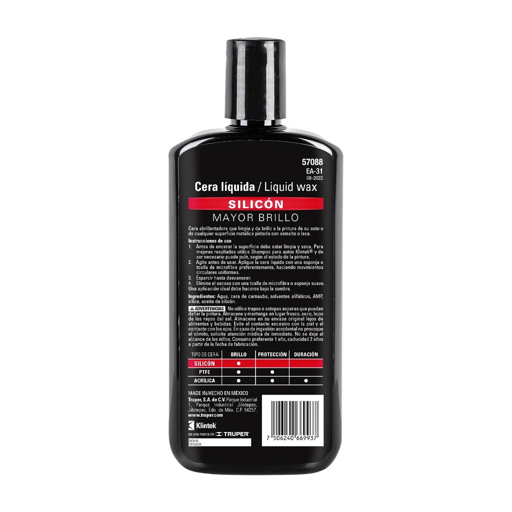 Cera líquida de silicón para auto, 473 ml, Klintek