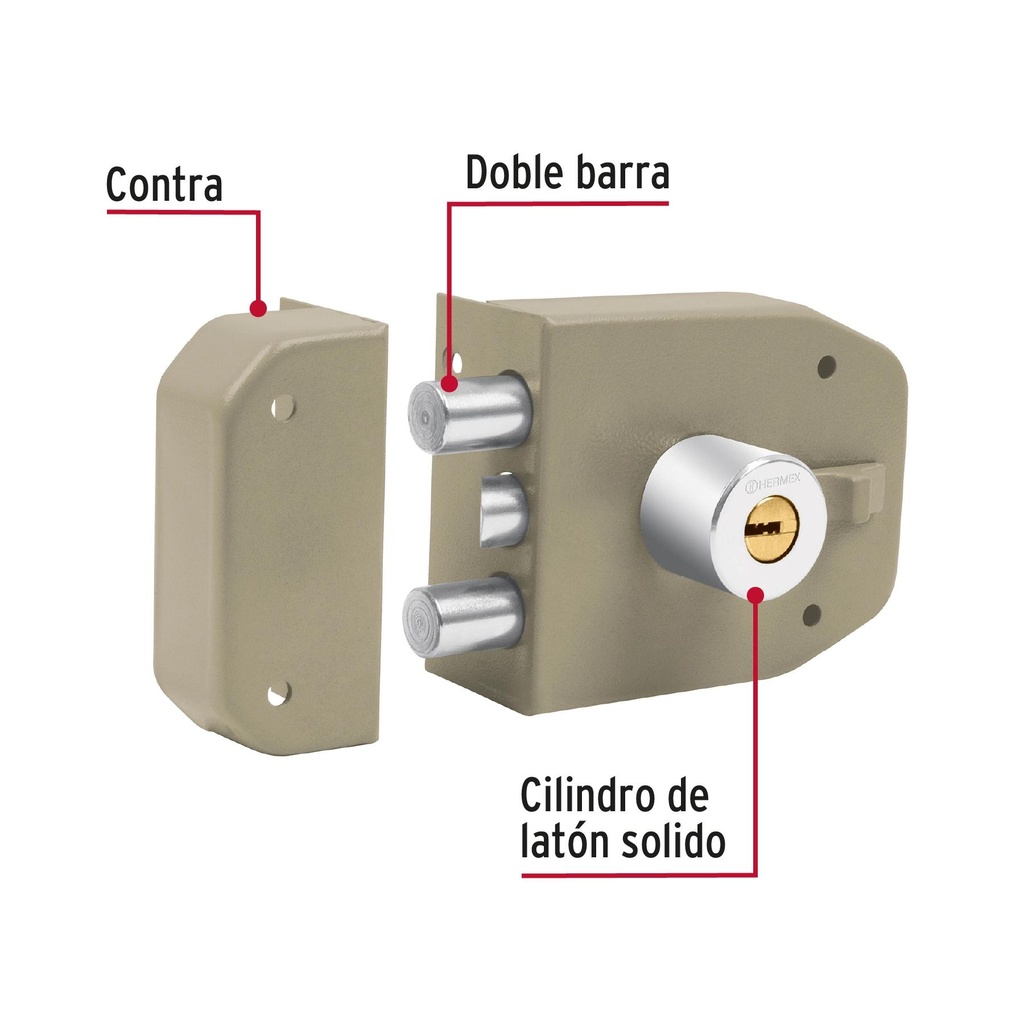 Cerradura de sobreponer 2 barras instala-fácil, llave puntos